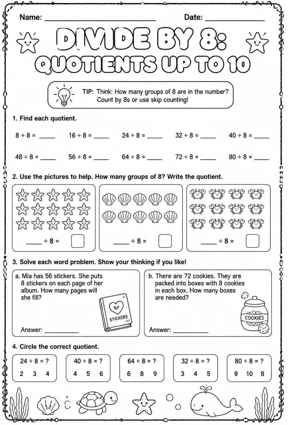 Divide by 8: quotients up to 10 — free printable Grade 3 math worksheet