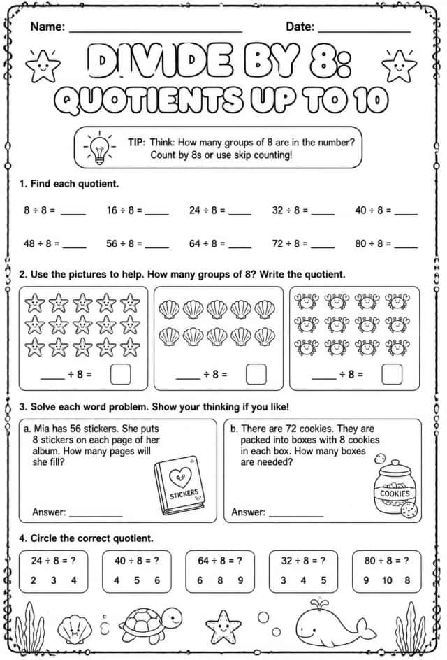 Divide by 8: quotients up to 10