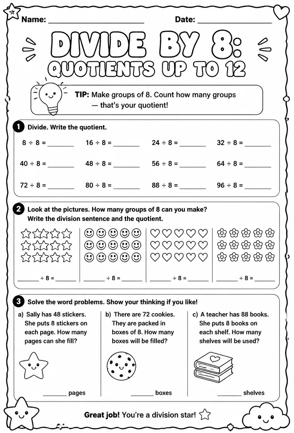 Divide by 8: quotients up to 12 — free printable Grade 3 math worksheet