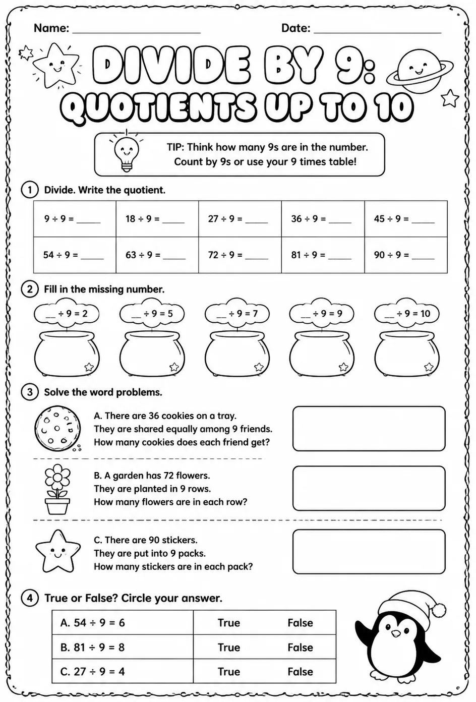 Divide by 9: quotients up to 10 — free printable Grade 3 math worksheet