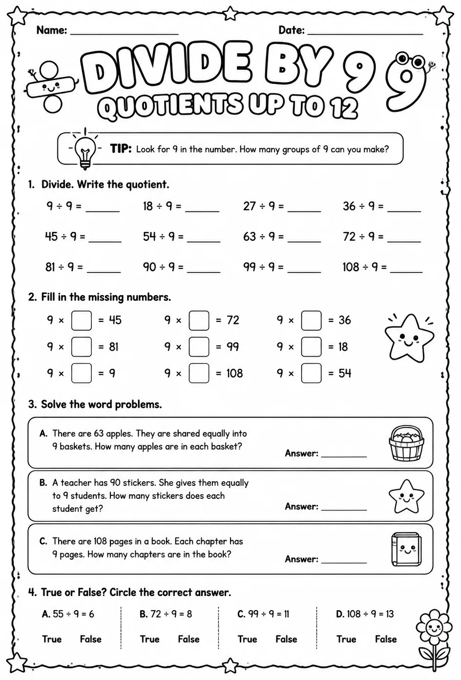 Divide by 9: quotients up to 12 — free printable Grade 3 math worksheet