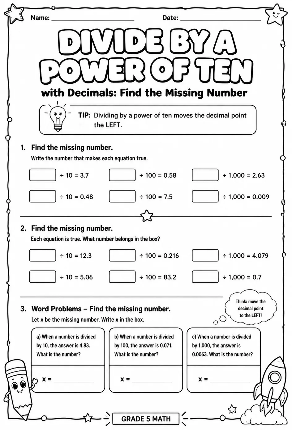Divide by a power of ten with decimals: find the missing number — free printable Grade 5 math worksheet
