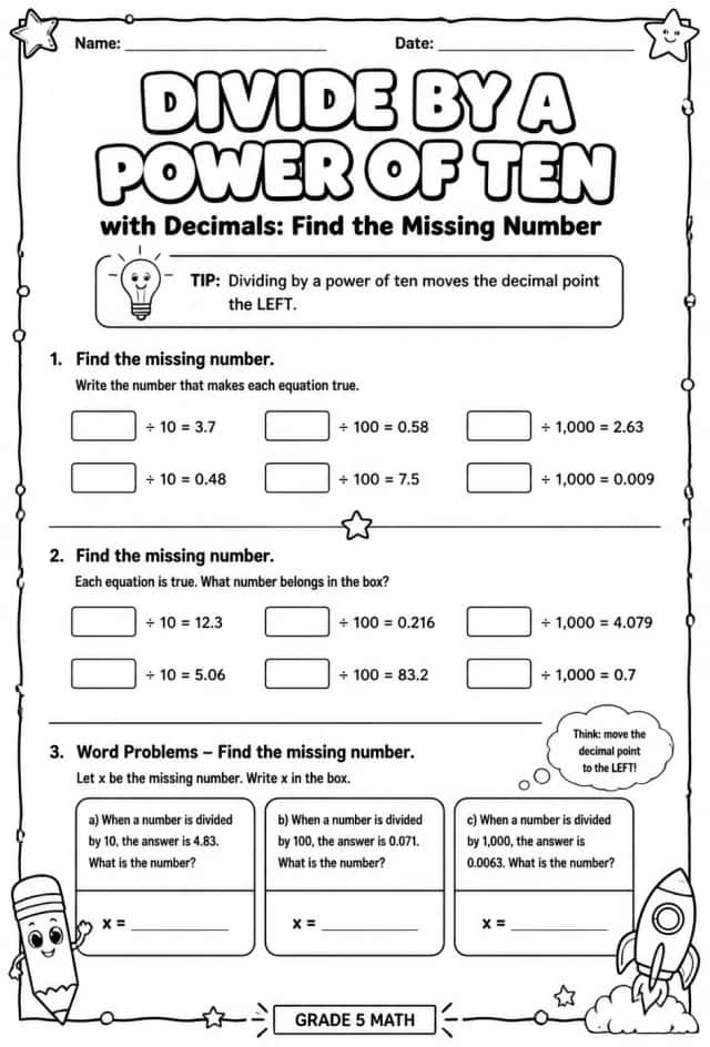 Divide by a power of ten with decimals: find the missing number