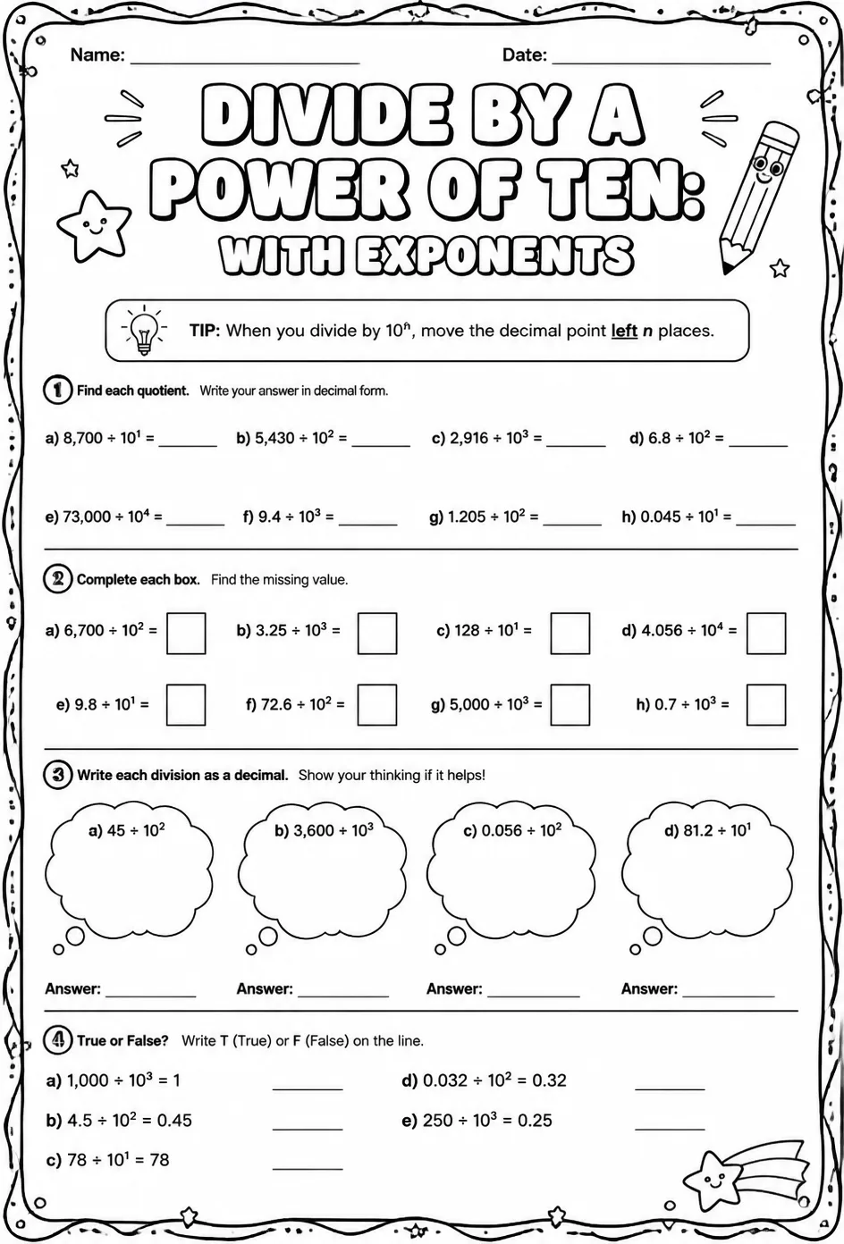 Divide by a power of ten: with exponents — free printable Grade 5 math worksheet