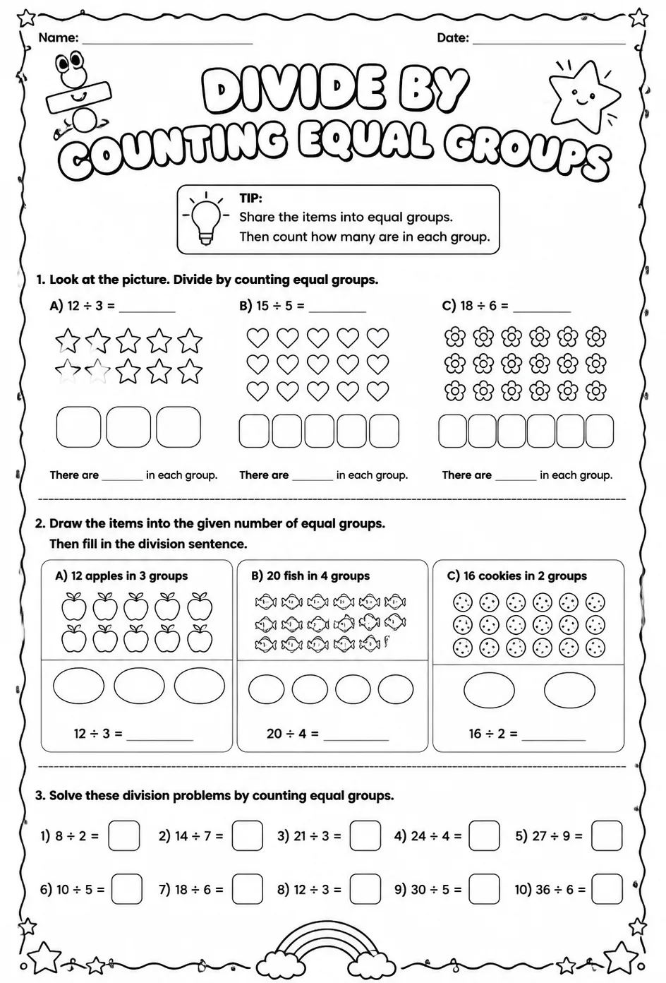 Divide by counting equal groups — free printable Grade 3 math worksheet