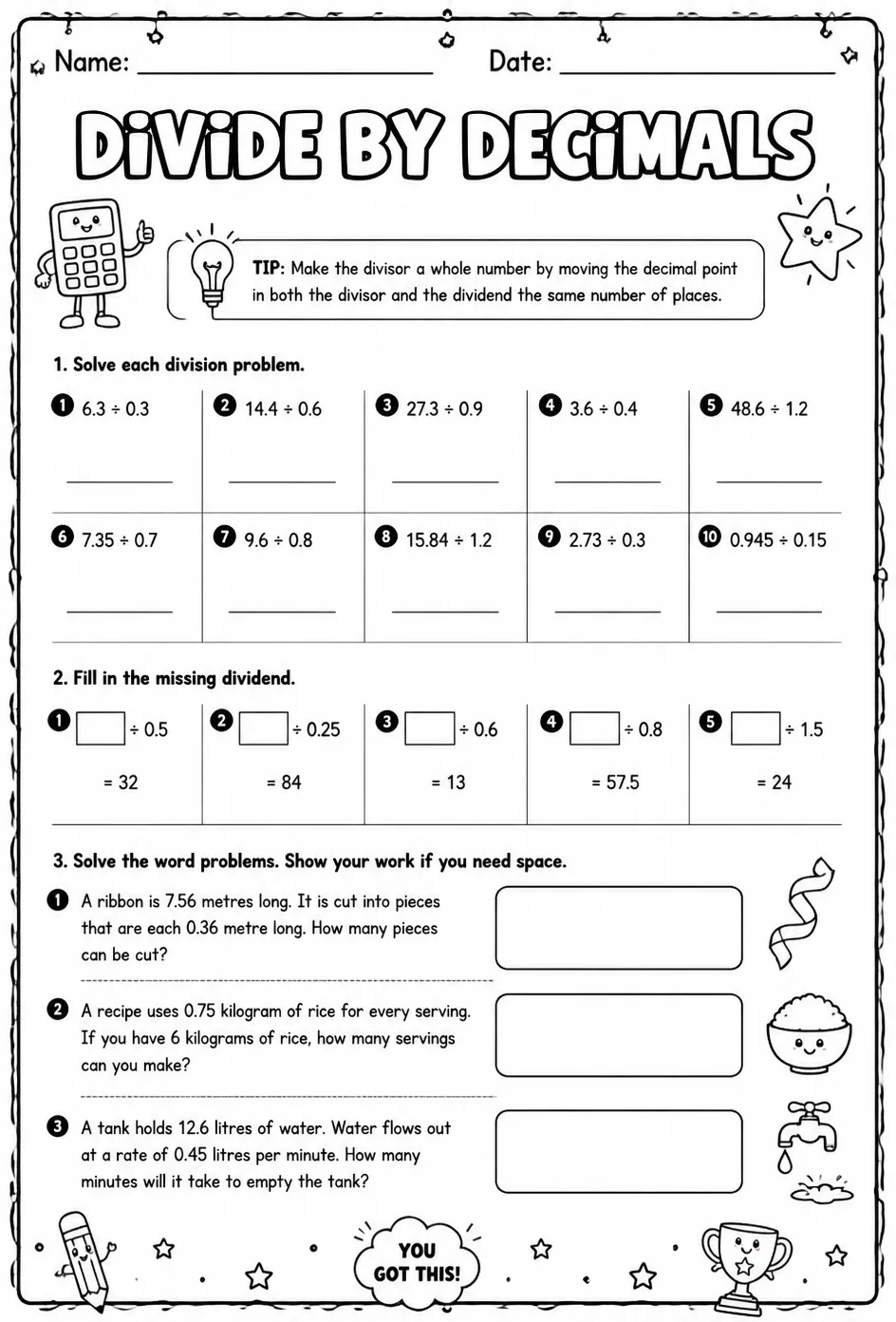 Divide by decimals — free printable Grade 5 math worksheet