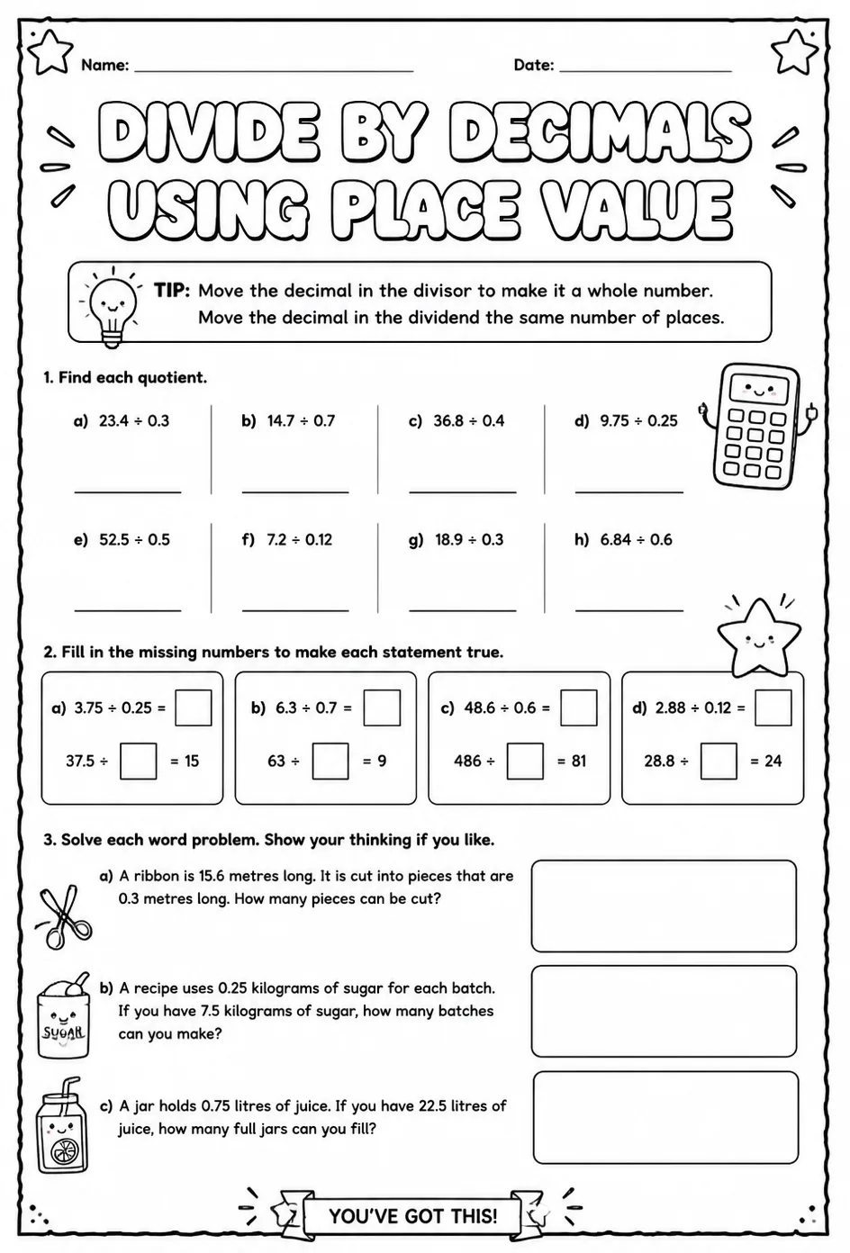 Divide by decimals using place value — free printable Grade 5 math worksheet