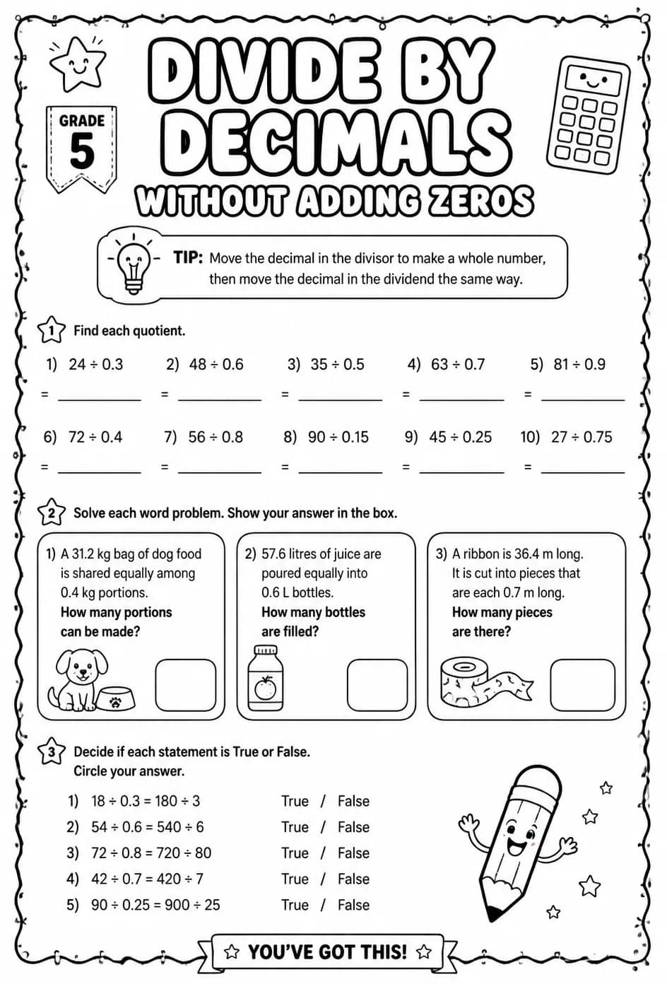Divide by decimals without adding zeros — free printable Grade 5 math worksheet