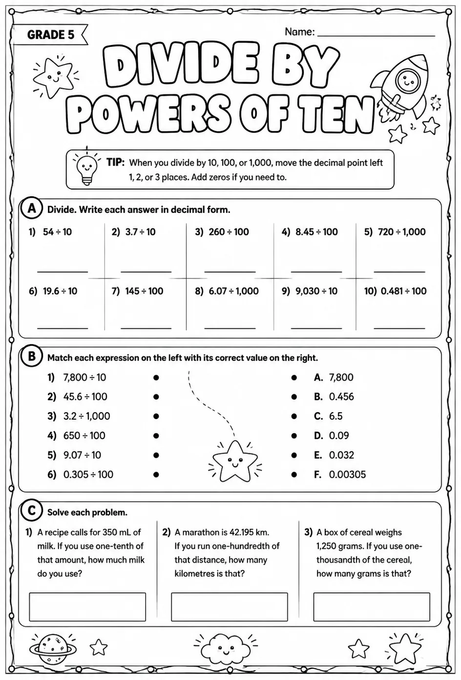 Divide by powers of ten — free printable Grade 5 math worksheet