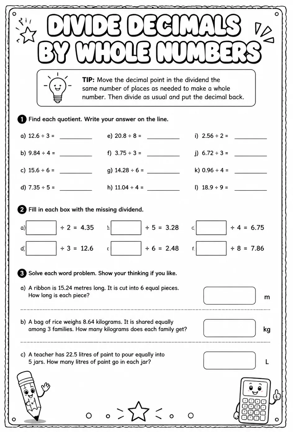 Divide decimals by whole numbers — free printable Grade 6 math worksheet