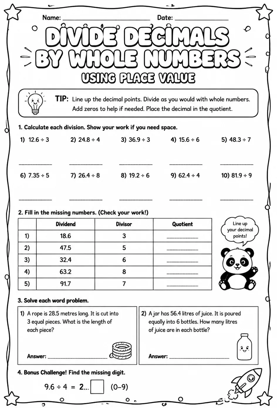 Divide decimals by whole numbers using place value — free printable Grade 5 math worksheet