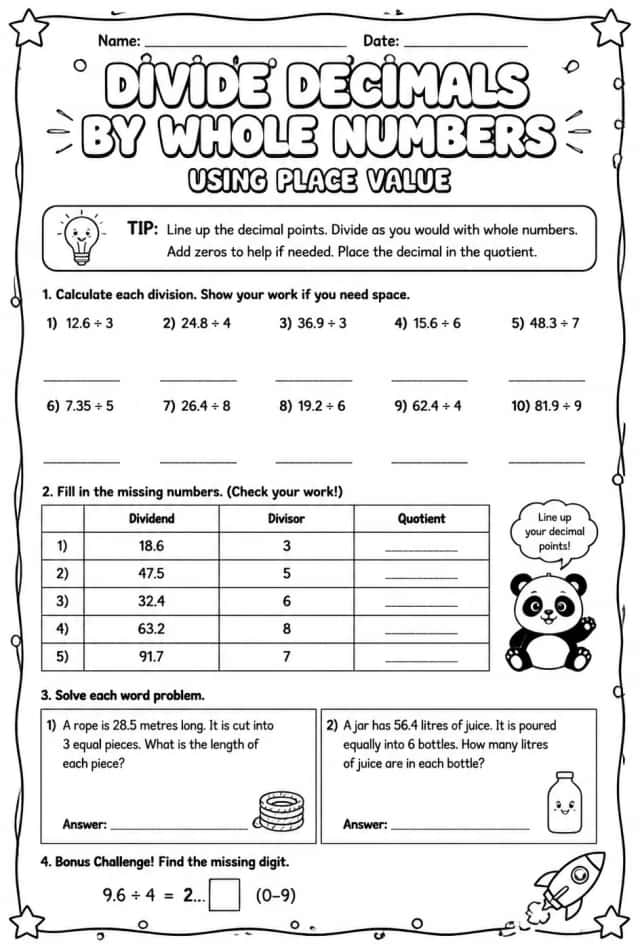 Divide decimals by whole numbers using place value