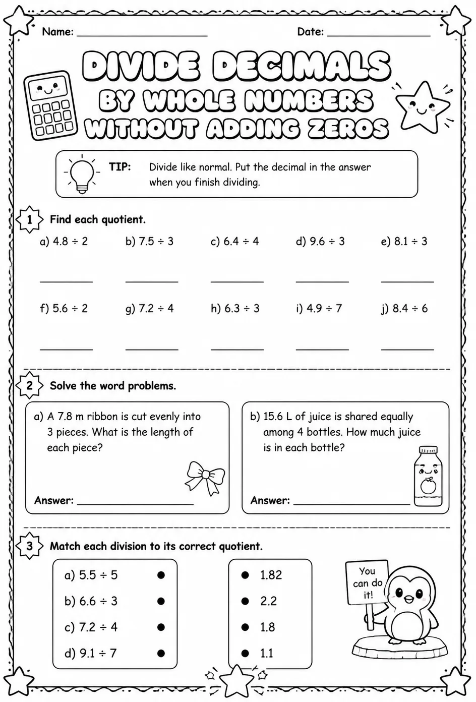 Divide decimals by whole numbers without adding zeros — free printable Grade 5 math worksheet