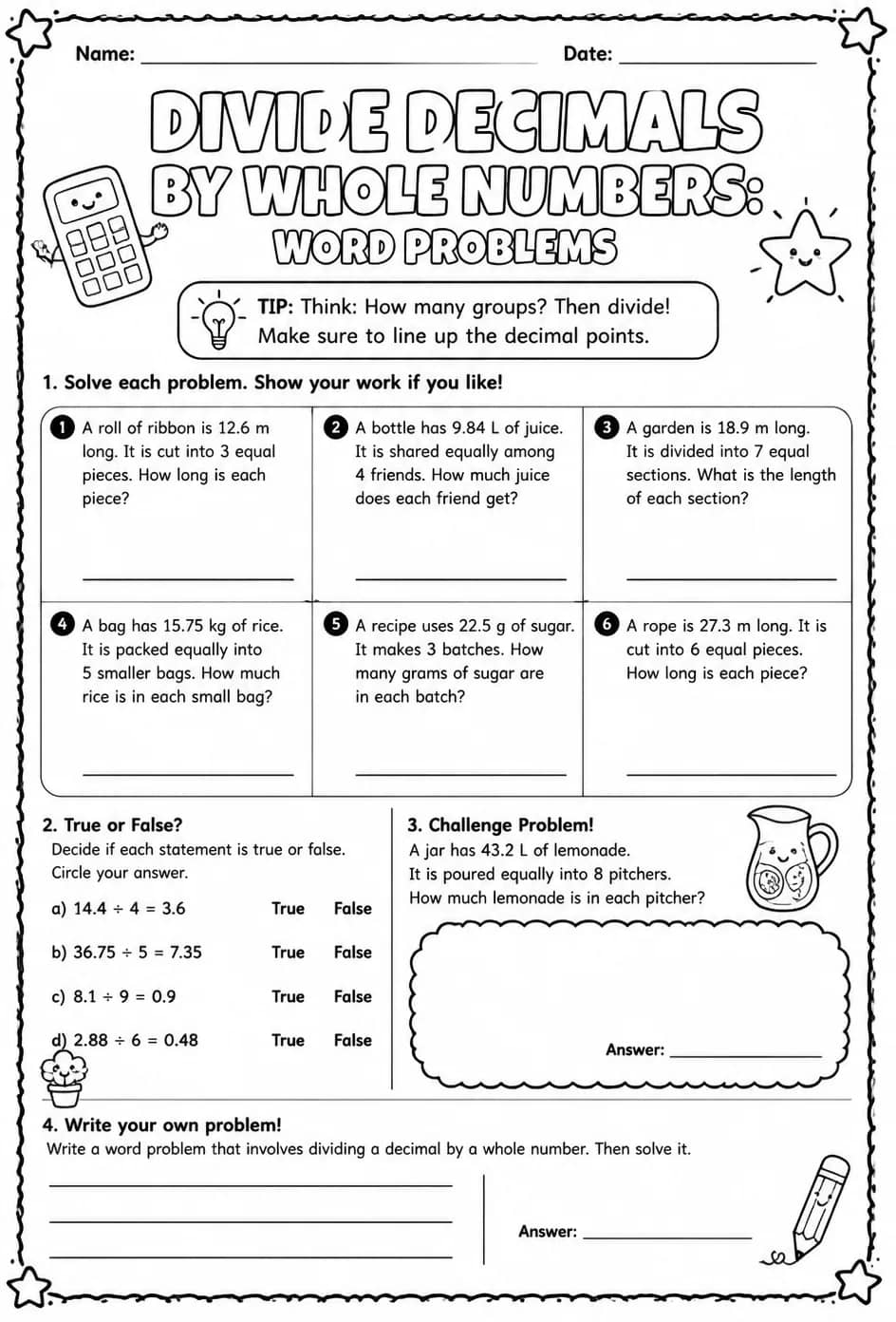 Divide decimals by whole numbers: word problems — free printable Grade 6 math worksheet