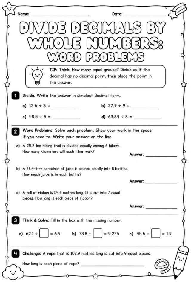 Divide decimals by whole numbers: word problems