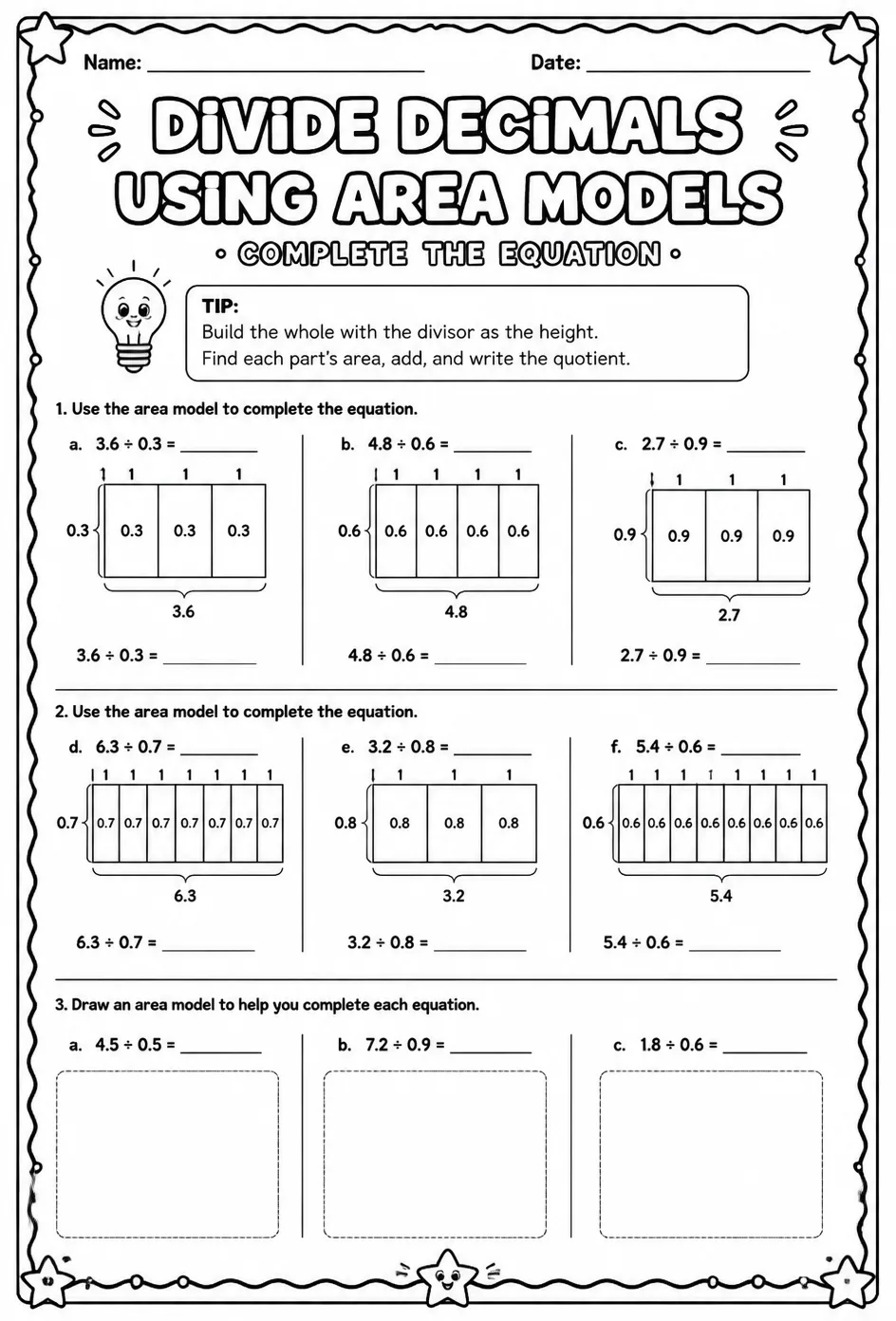 Divide decimals using area models: complete the equation — free printable Grade 5 math worksheet