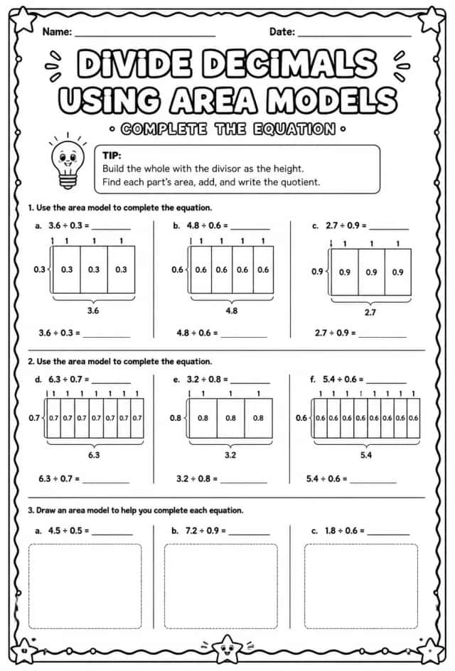 Divide decimals using area models: complete the equation