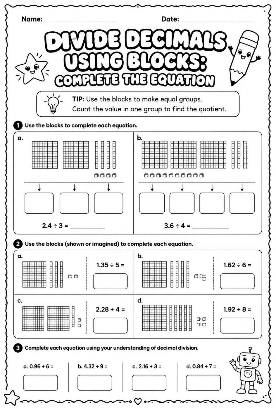 Divide decimals using blocks: complete the equation — free printable Grade 5 math worksheet