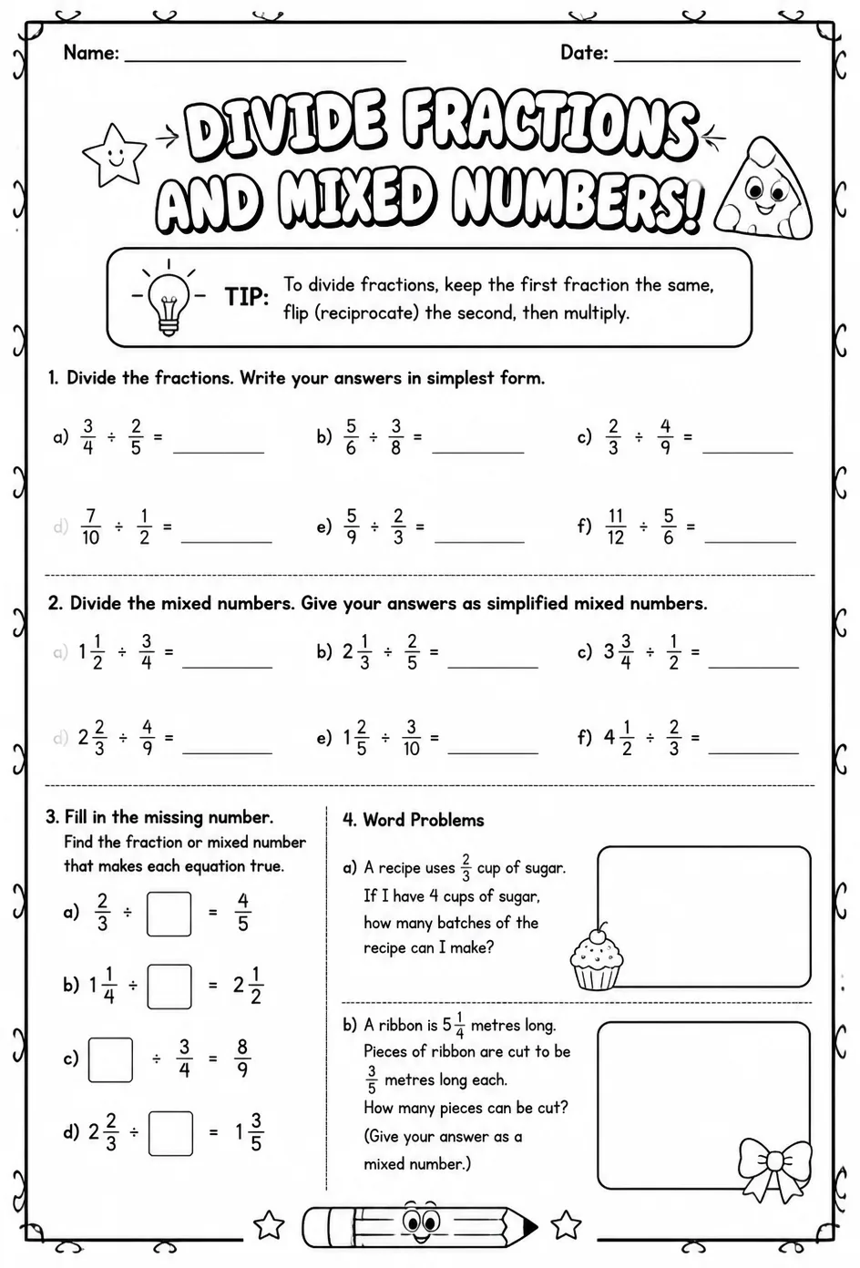 Divide fractions and mixed numbers — free printable Grade 6 math worksheet