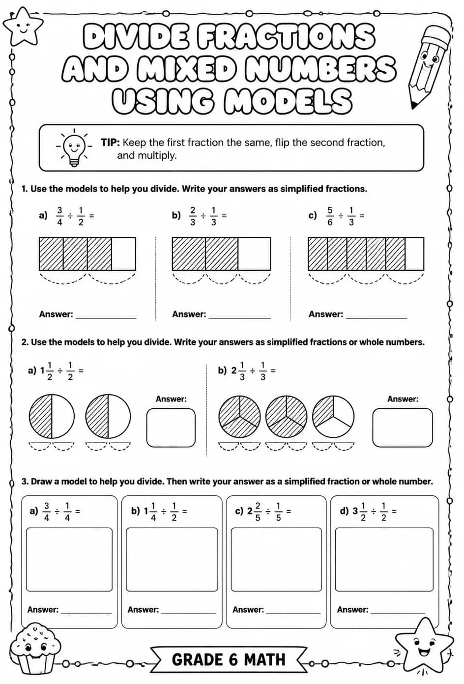 Divide fractions and mixed numbers using models — free printable Grade 6 math worksheet