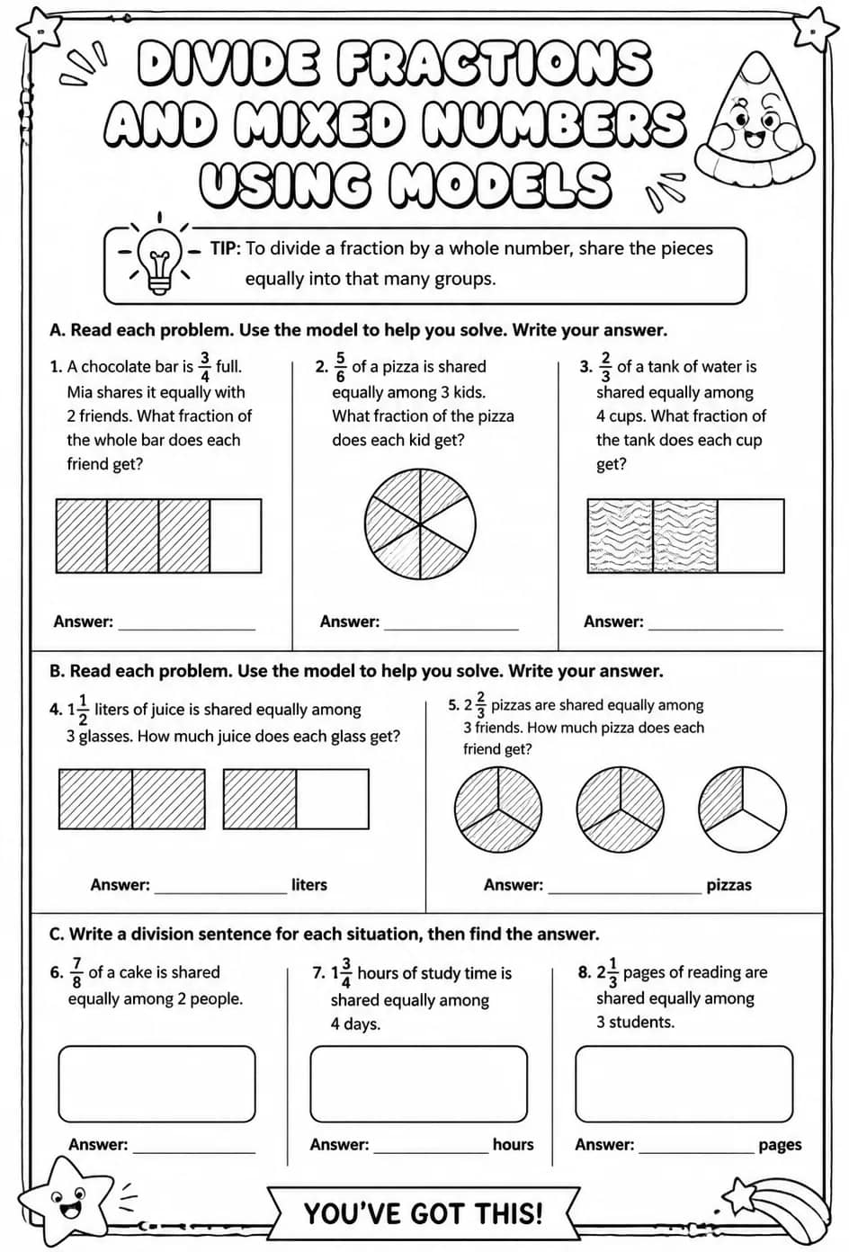 Divide fractions and mixed numbers using models: word problems — free printable Grade 6 math worksheet