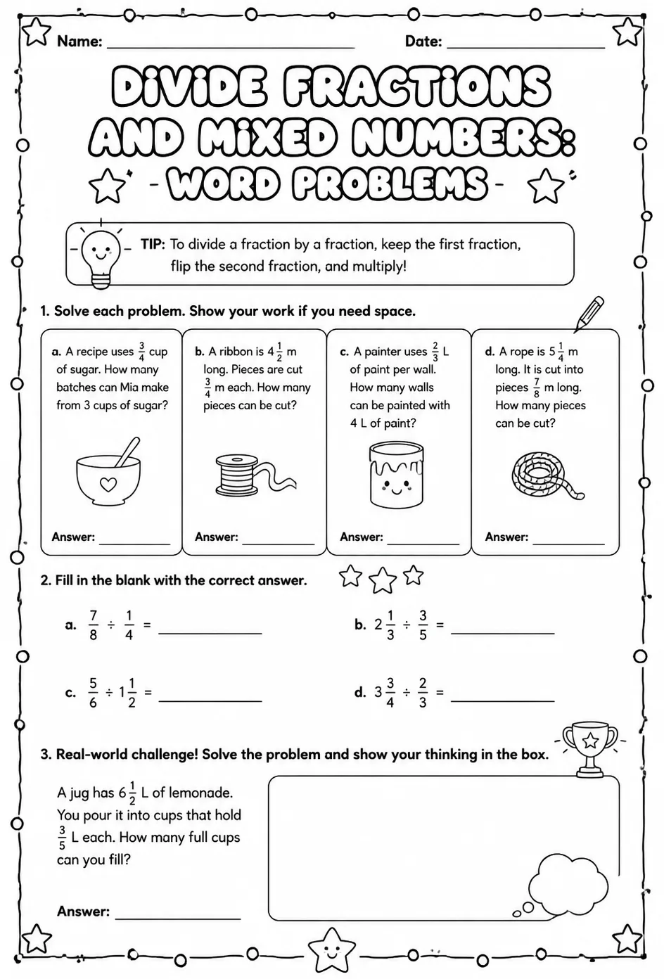 Divide fractions and mixed numbers: word problems — free printable Grade 6 math worksheet