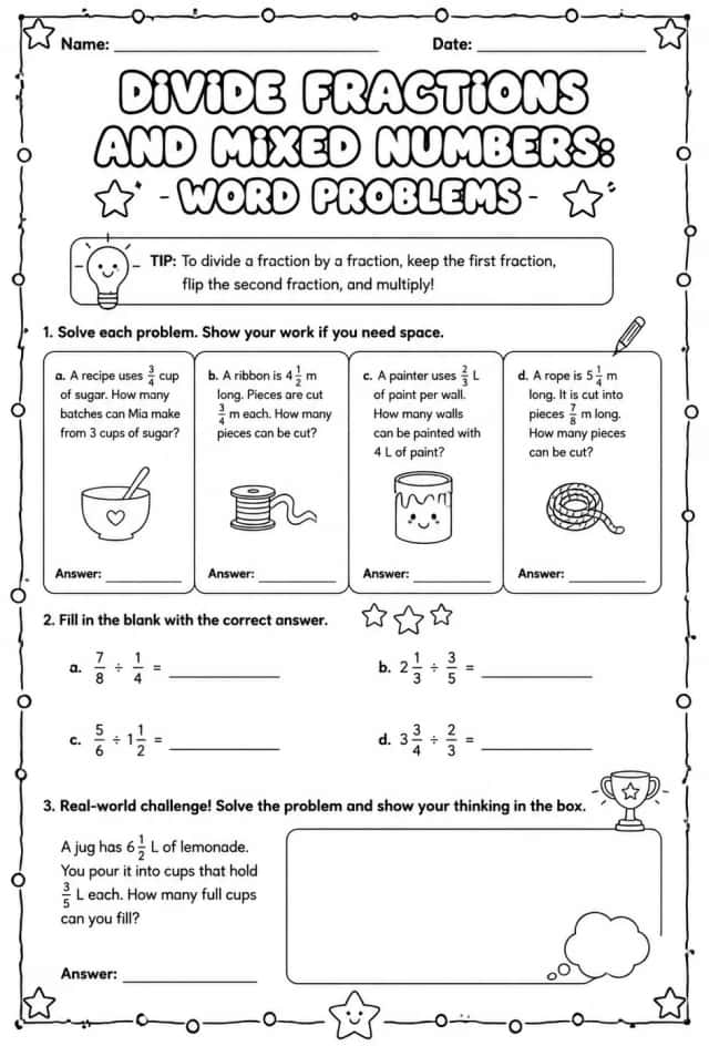 Divide fractions and mixed numbers: word problems