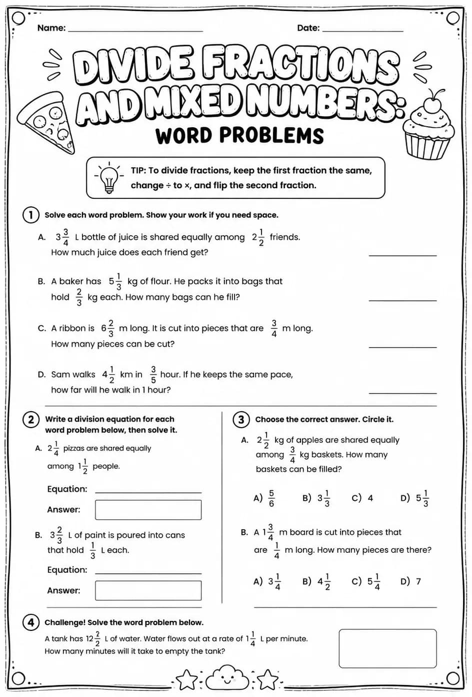 Divide fractions and mixed numbers: word problems — free printable Grade 7 math worksheet