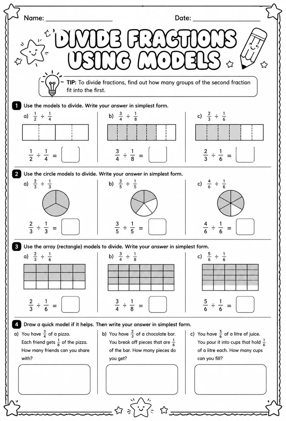 Divide fractions using models — free printable Grade 6 math worksheet
