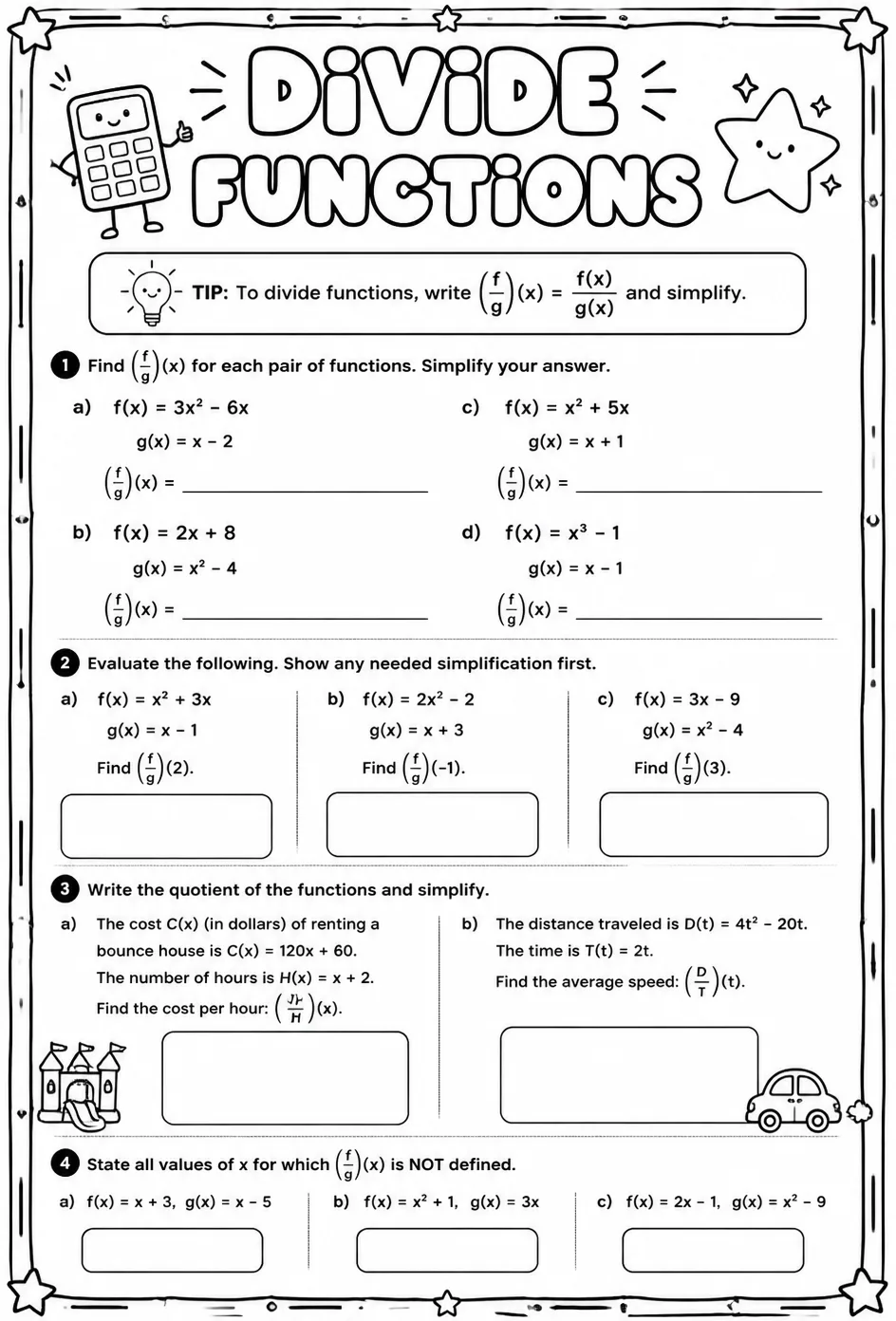 Divide functions — free printable Algebra 2 math worksheet