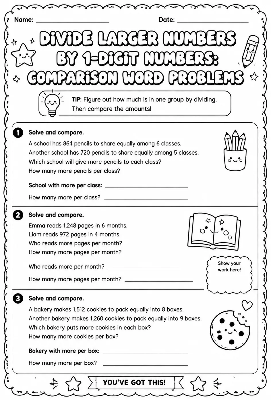Divide larger numbers by 1-digit numbers: comparison word problems — free printable Grade 4 math worksheet