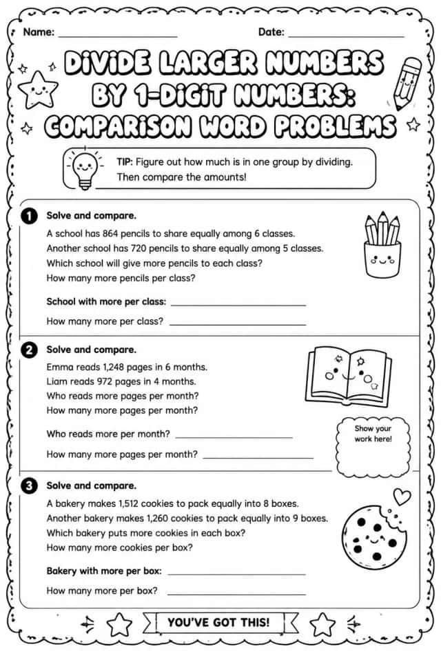 Divide larger numbers by 1-digit numbers: comparison word problems