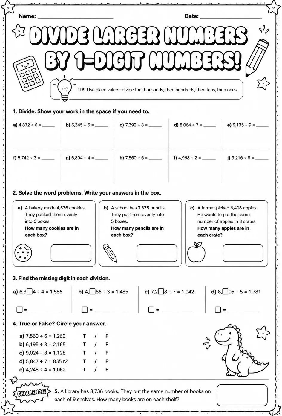Divide larger numbers by 1-digit numbers — free printable Grade 4 math worksheet