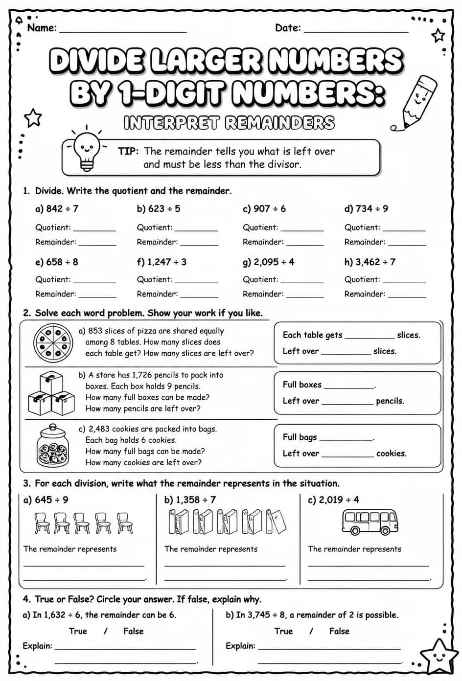 Divide larger numbers by 1-digit numbers: interpret remainders — free printable Grade 4 math worksheet