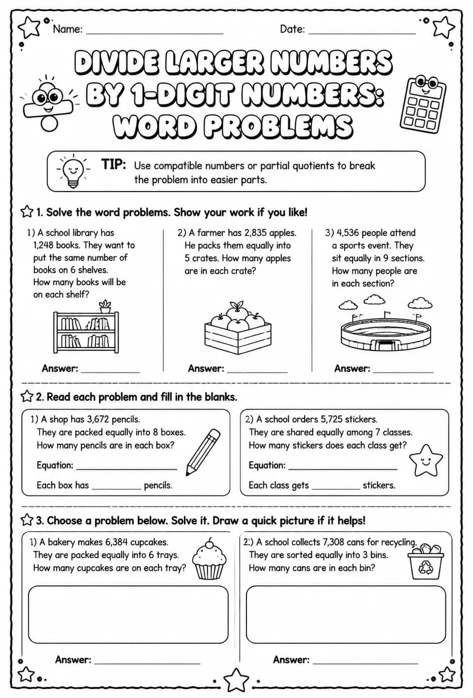 Divide larger numbers by 1-digit numbers: word problems — free printable Grade 4 math worksheet
