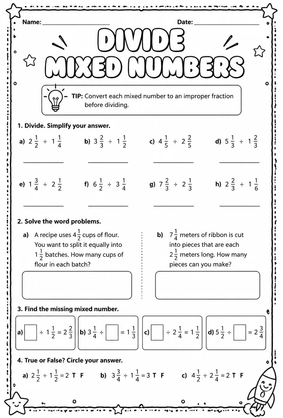 Divide mixed numbers — free printable Grade 7 math worksheet
