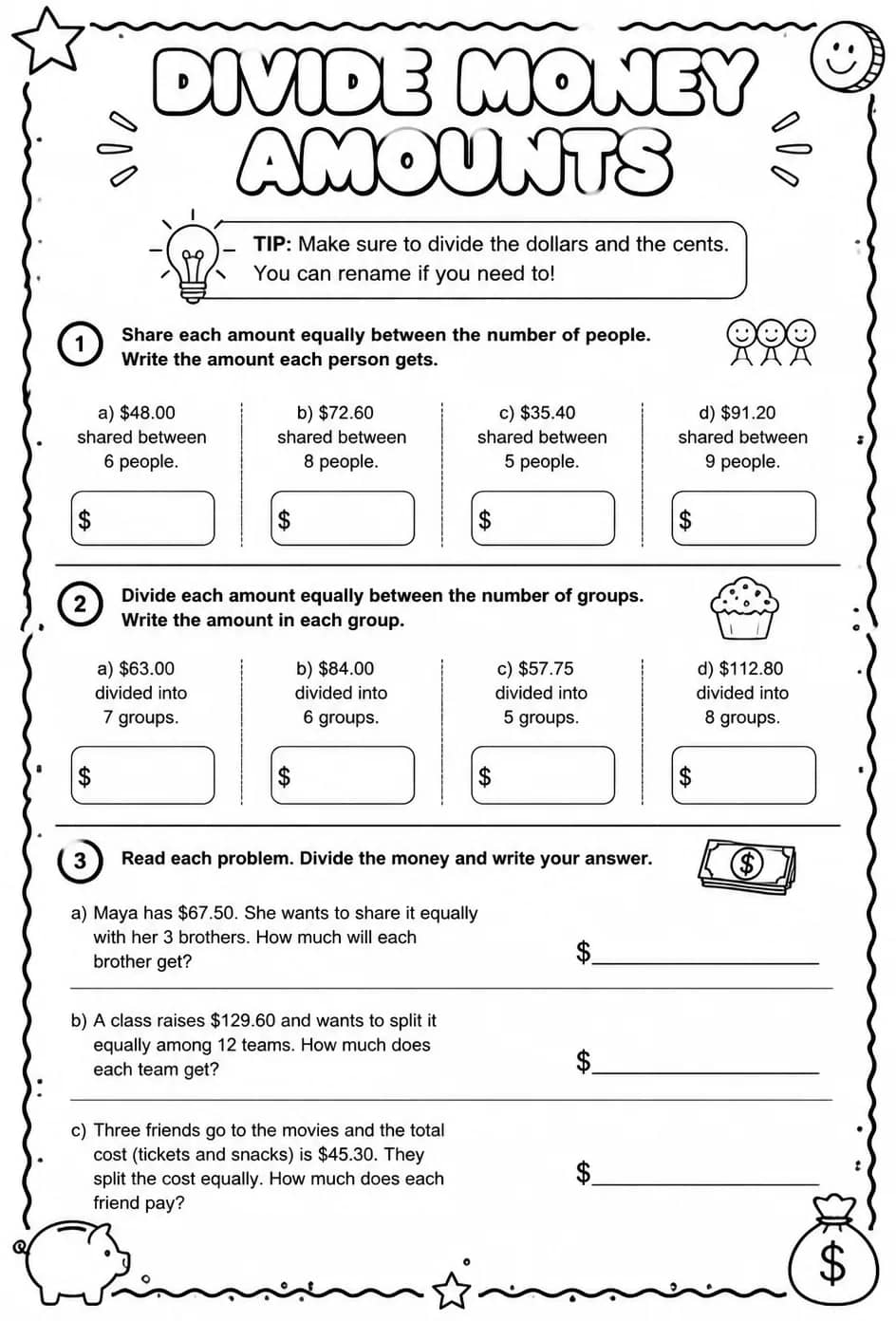 Divide money amounts — free printable Grade 5 math worksheet