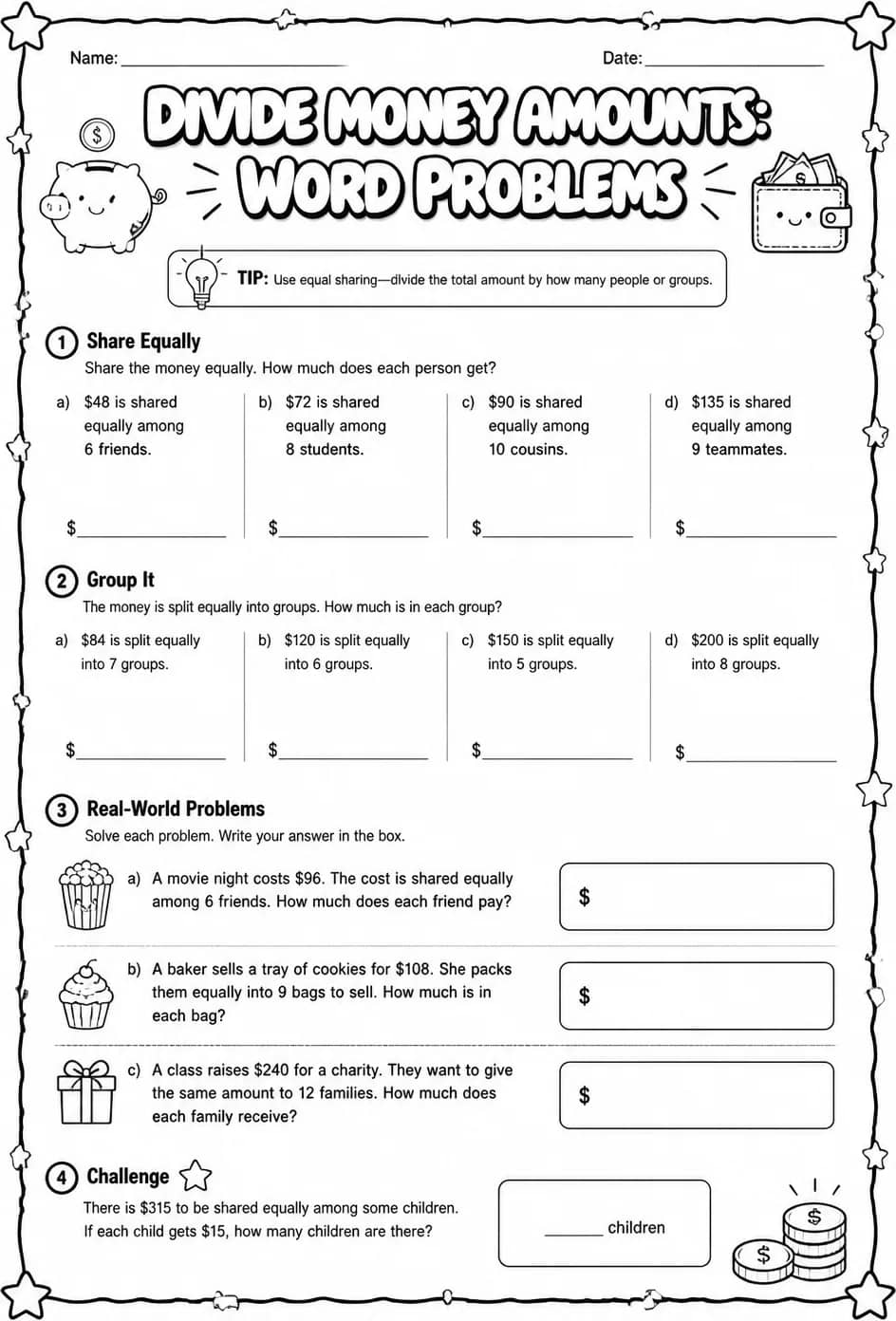 Divide money amounts: word problems — free printable Grade 5 math worksheet