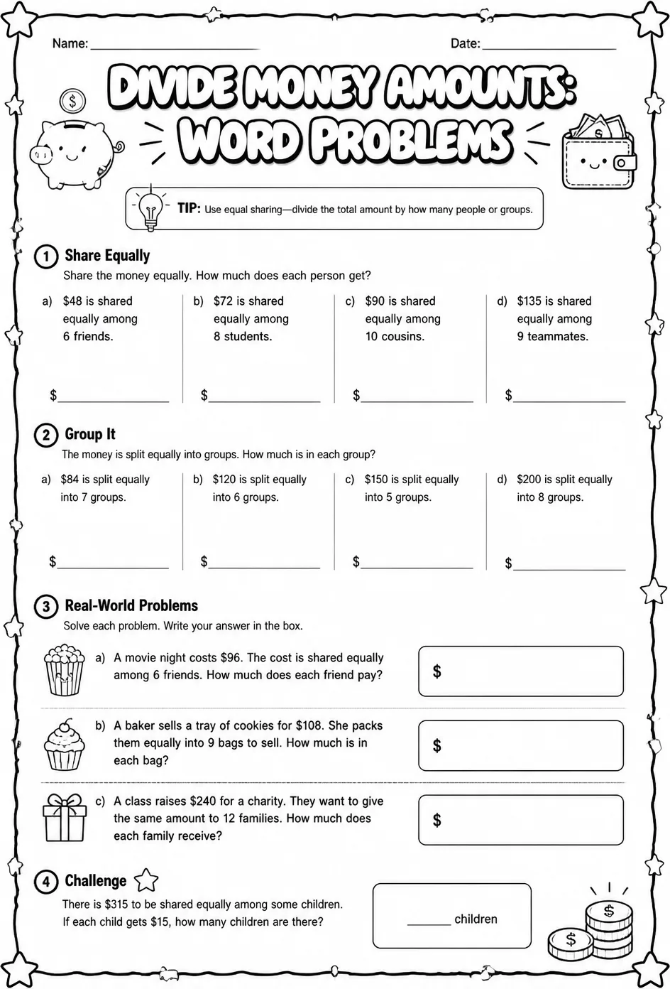 Divide money amounts: word problems — free printable Grade 5 math worksheet