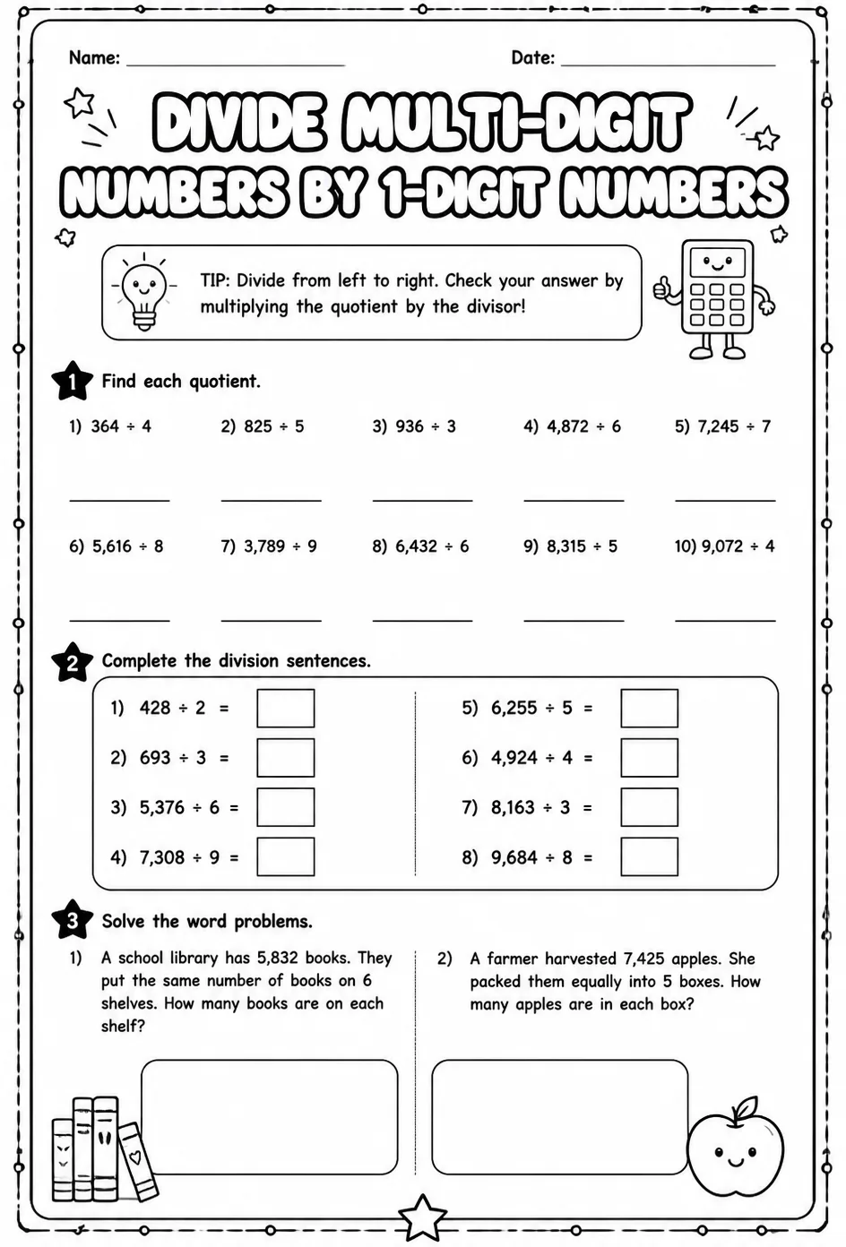 Divide multi-digit numbers by 1-digit numbers — free printable Grade 5 math worksheet