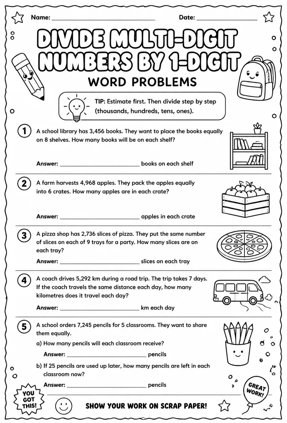 Divide multi-digit numbers by 1-digit numbers: word problems — free printable Grade 5 math worksheet