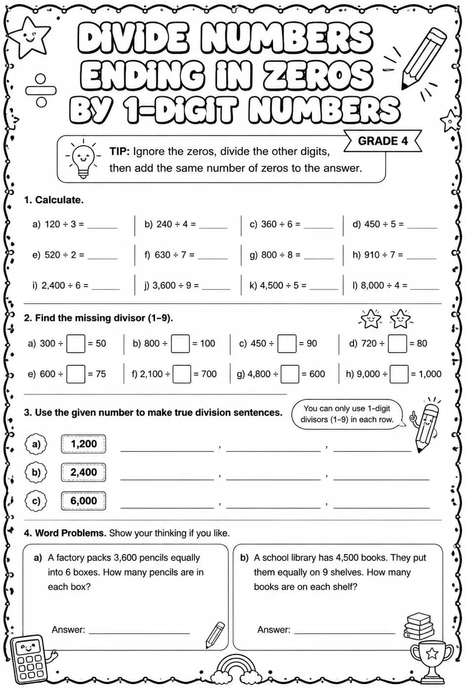 Divide numbers ending in zeros by 1-digit numbers — free printable Grade 4 math worksheet