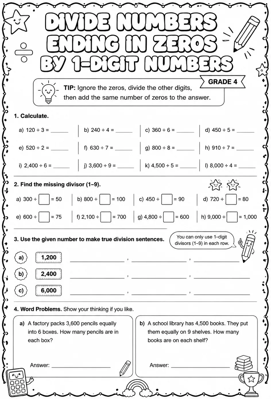 Divide numbers ending in zeros by 1-digit numbers — free printable Grade 4 math worksheet
