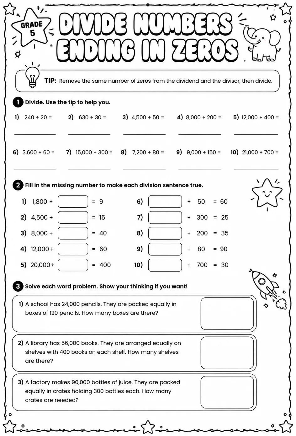 Divide numbers ending in zeros — free printable Grade 5 math worksheet
