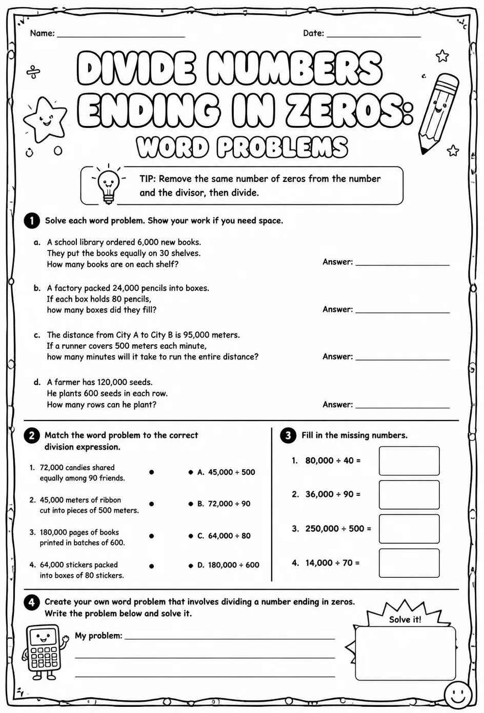Divide numbers ending in zeros: word problems — free printable Grade 5 math worksheet