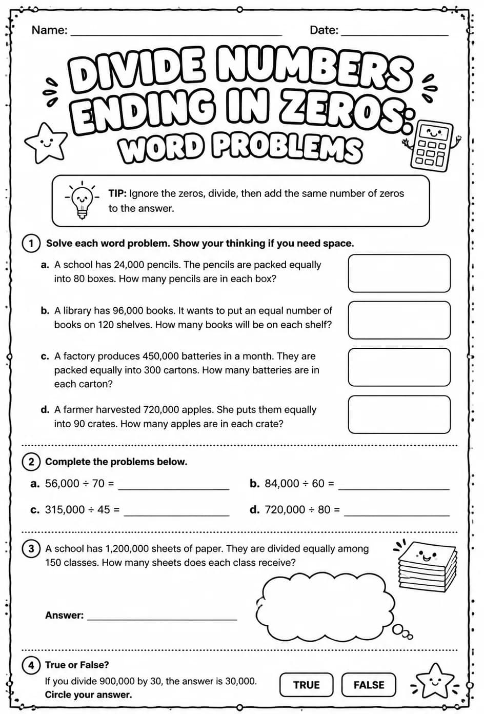 Divide numbers ending in zeros: word problems — free printable Grade 6 math worksheet