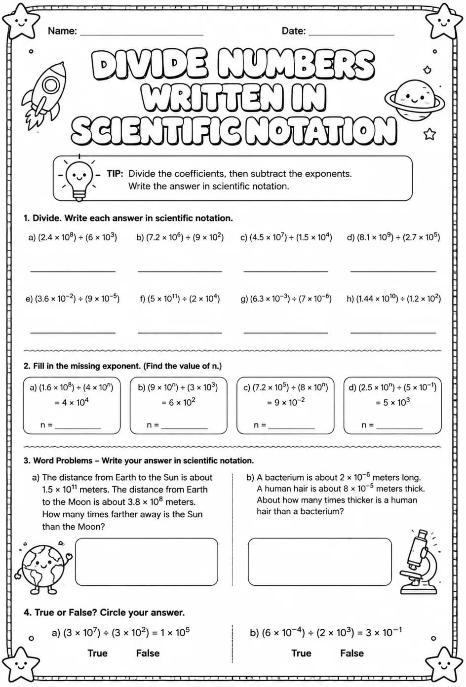 Divide numbers written in scientific notation — free printable Algebra 1 math worksheet