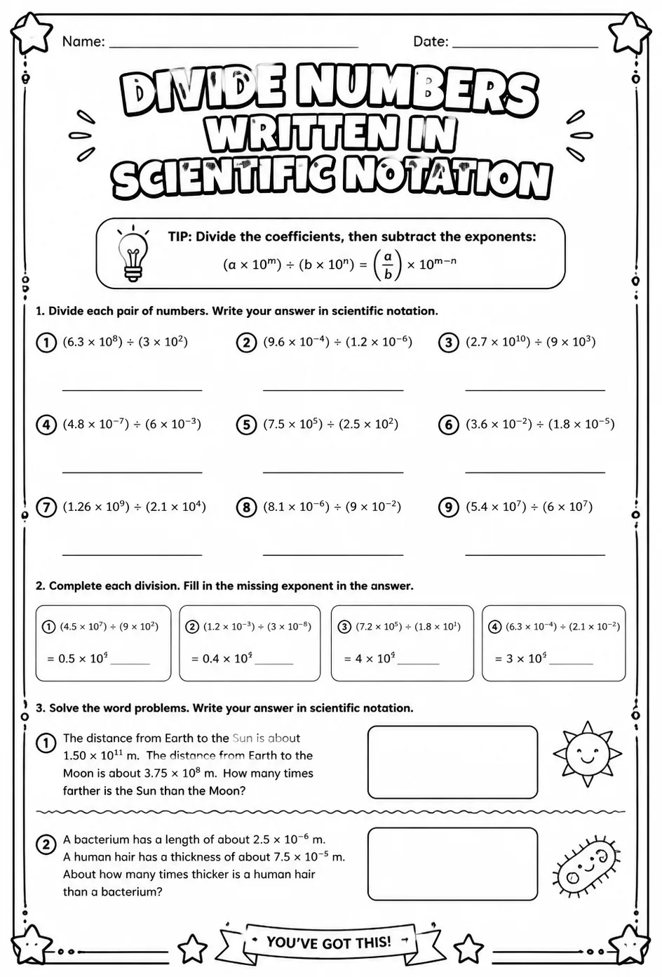 Divide numbers written in scientific notation — free printable Grade 8 math worksheet