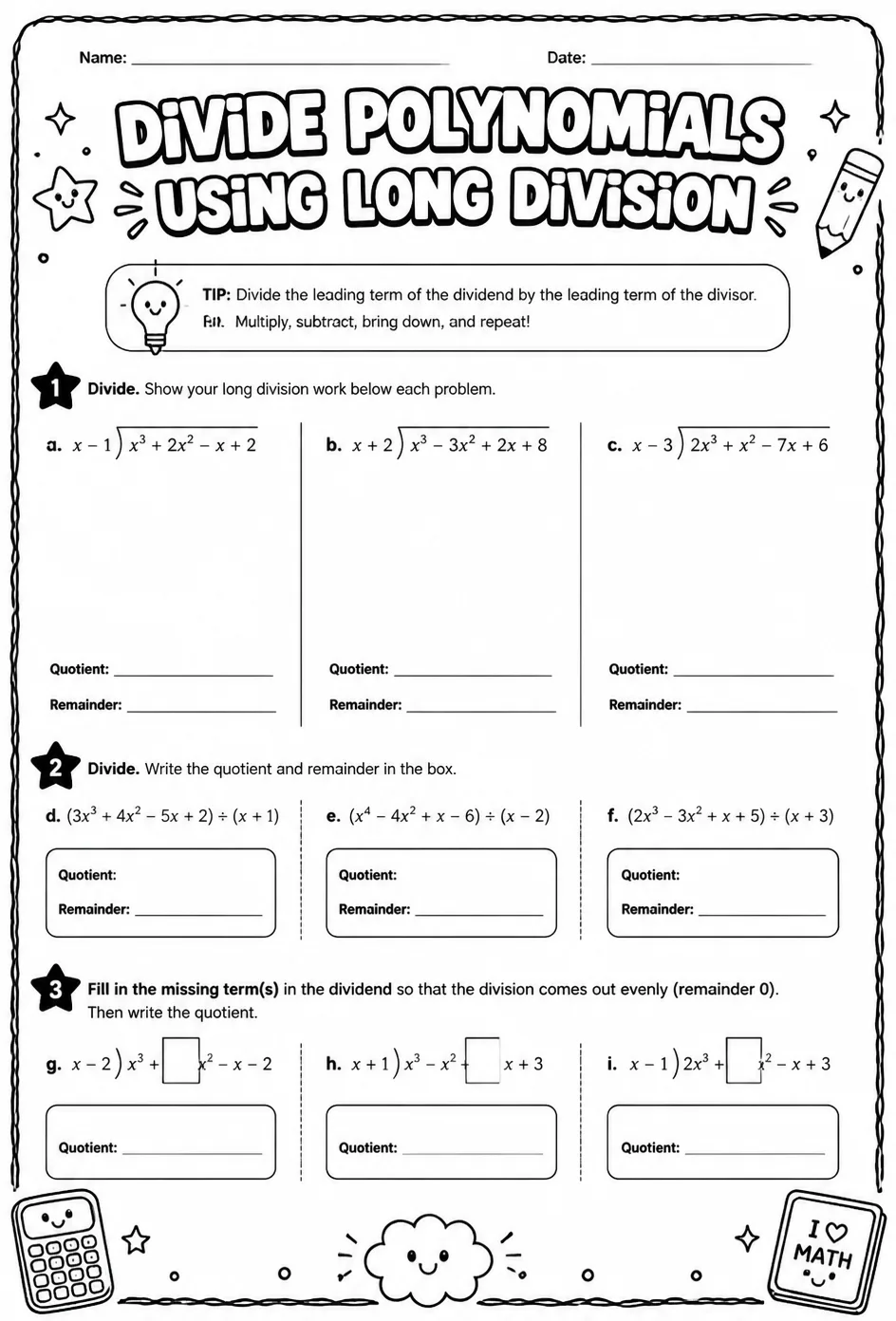 Divide polynomials using long division — free printable Algebra 2 math worksheet