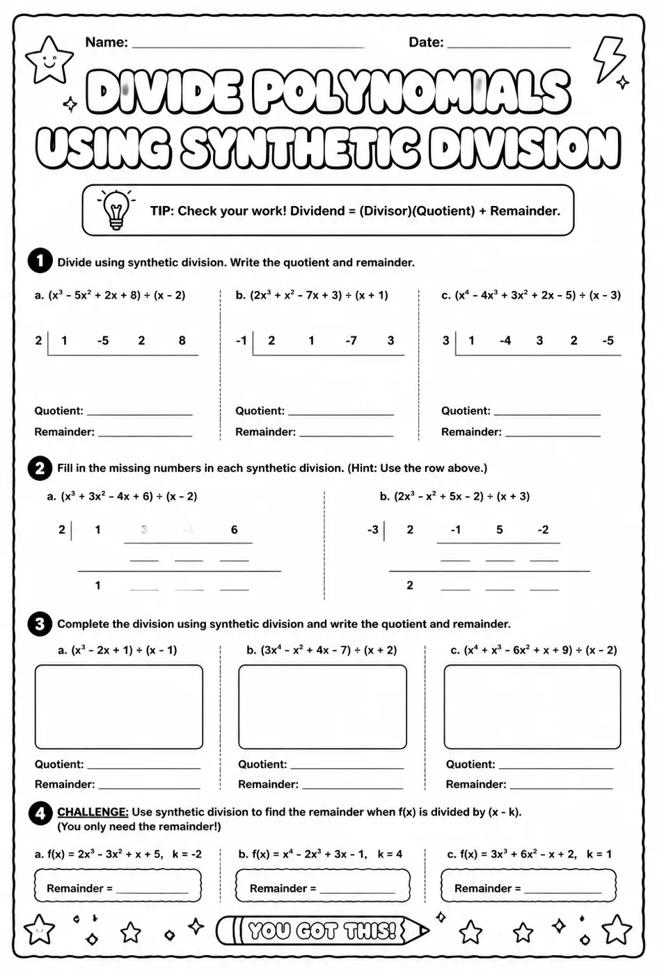 Divide polynomials using synthetic division — free printable Algebra 2 math worksheet